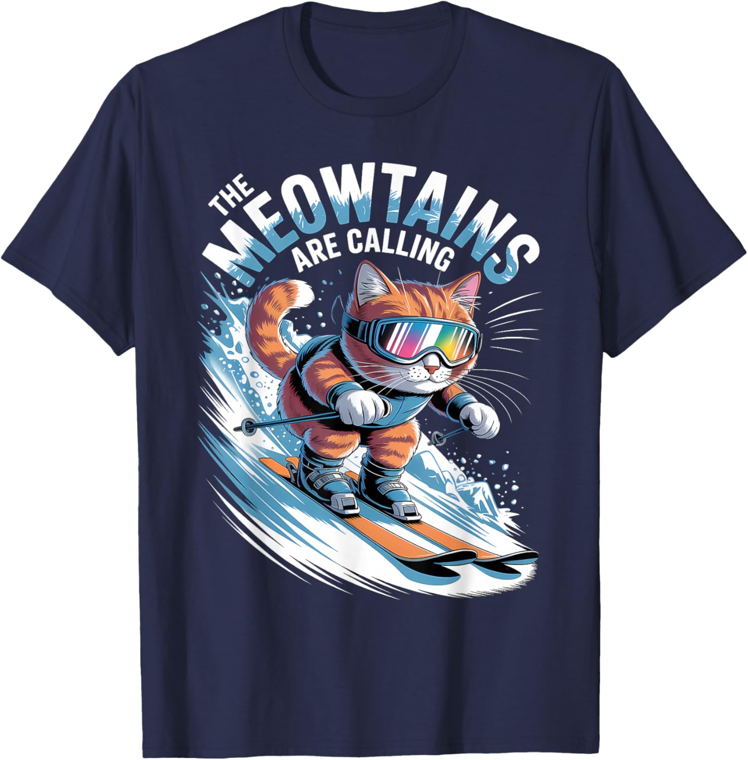 The Meowtains are Calling Ski Skier Funny Skiing Cat T-Shirt - T-Shirt | Navy
