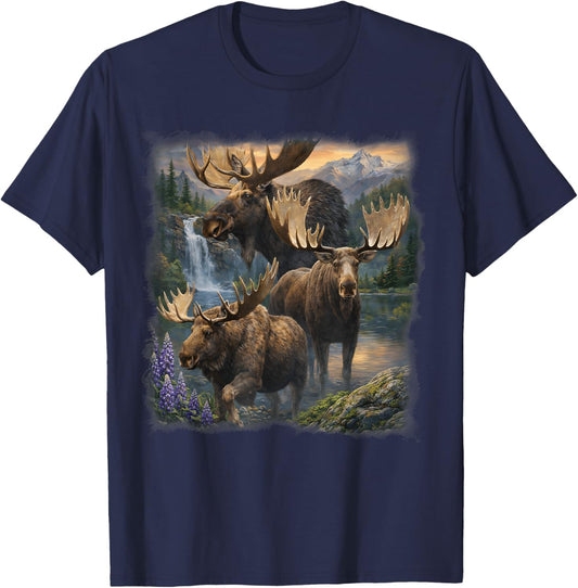 Vintage Moose 90s Graphic Style Retro Wildlife Nature T-Shirt - T-Shirt | Navy