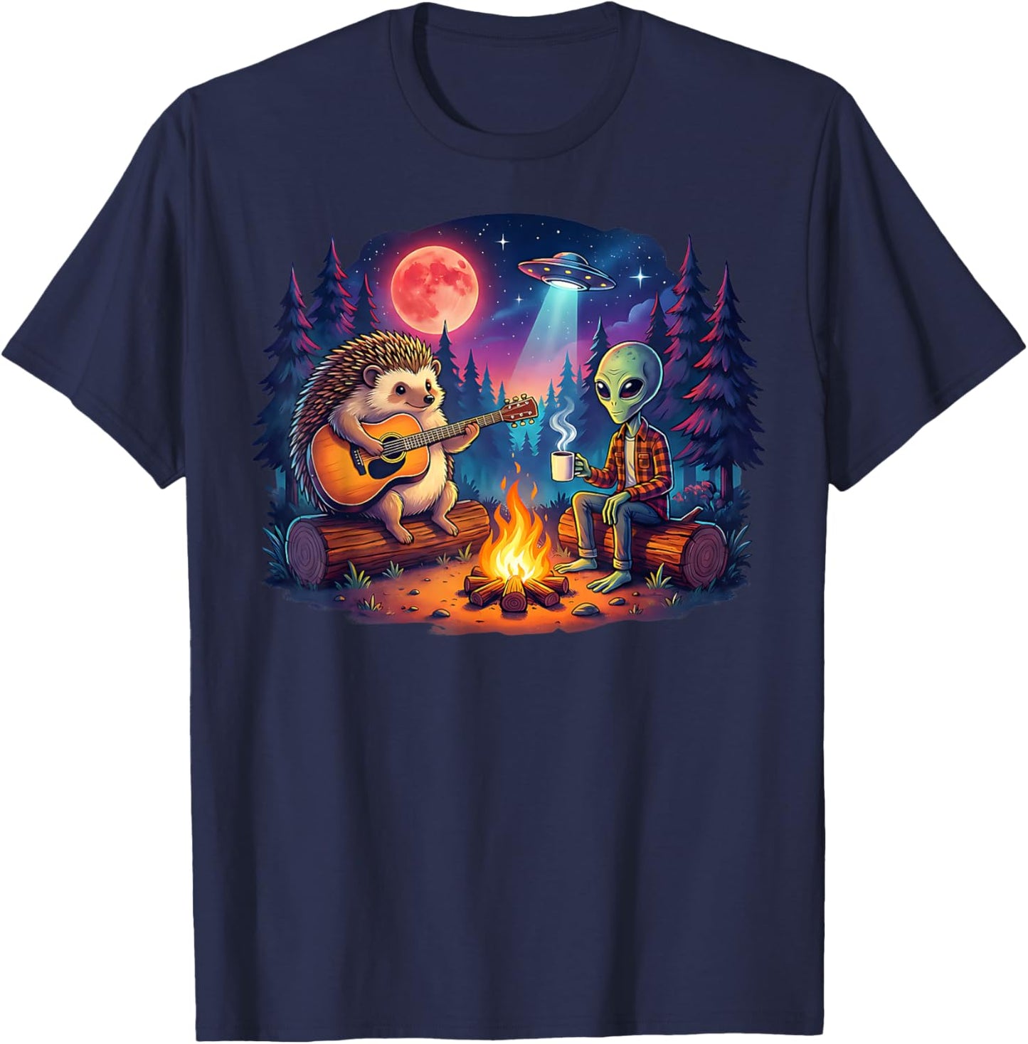 Funny Alien and Hedgehog Camping Campfire Moon UFO Guitar T-Shirt - T-Shirt | Navy