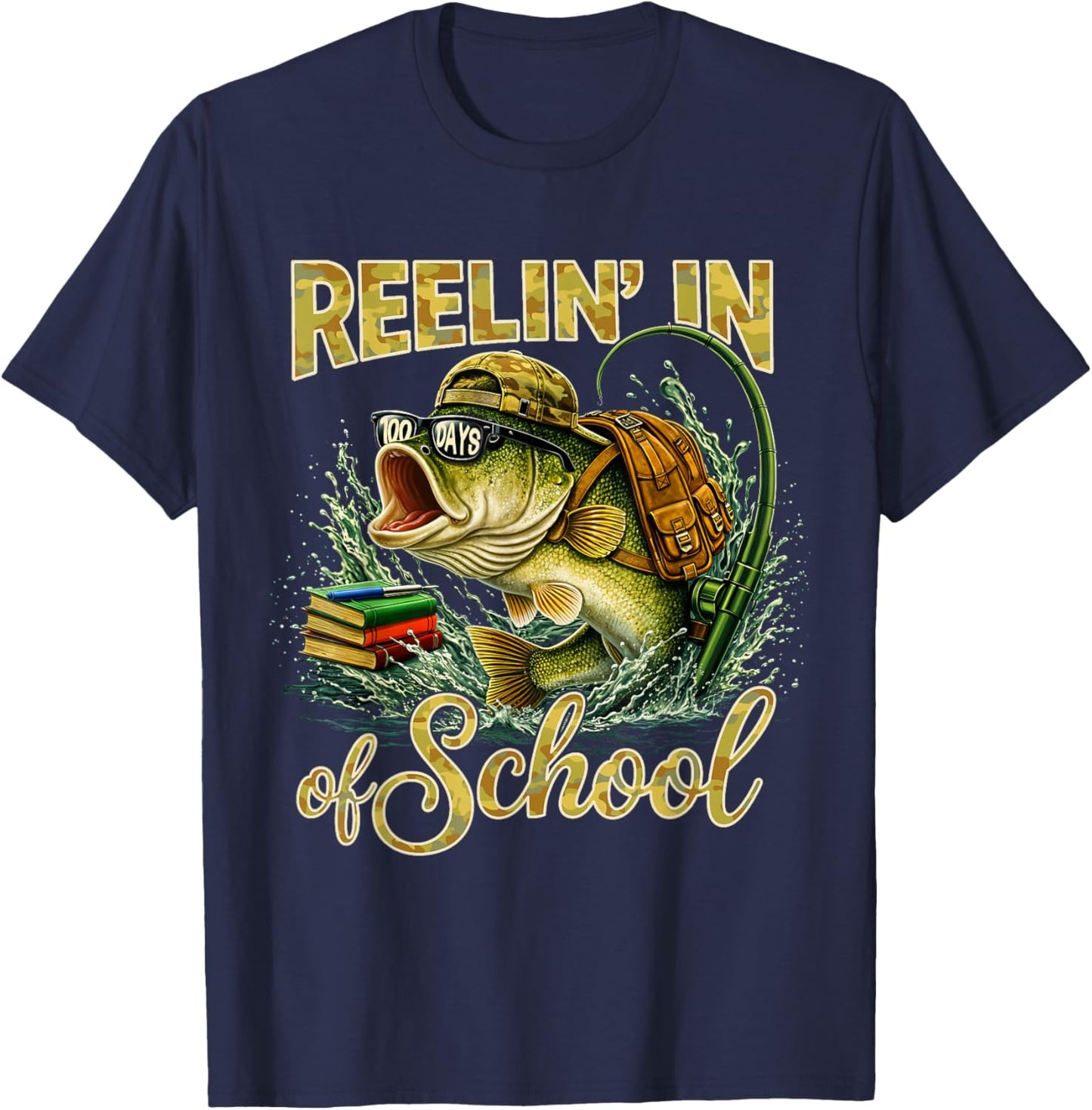 Reelin' in 100 Days of School Fishing Bass Kids Teacher T-Shirt - T-Shirt | Navy