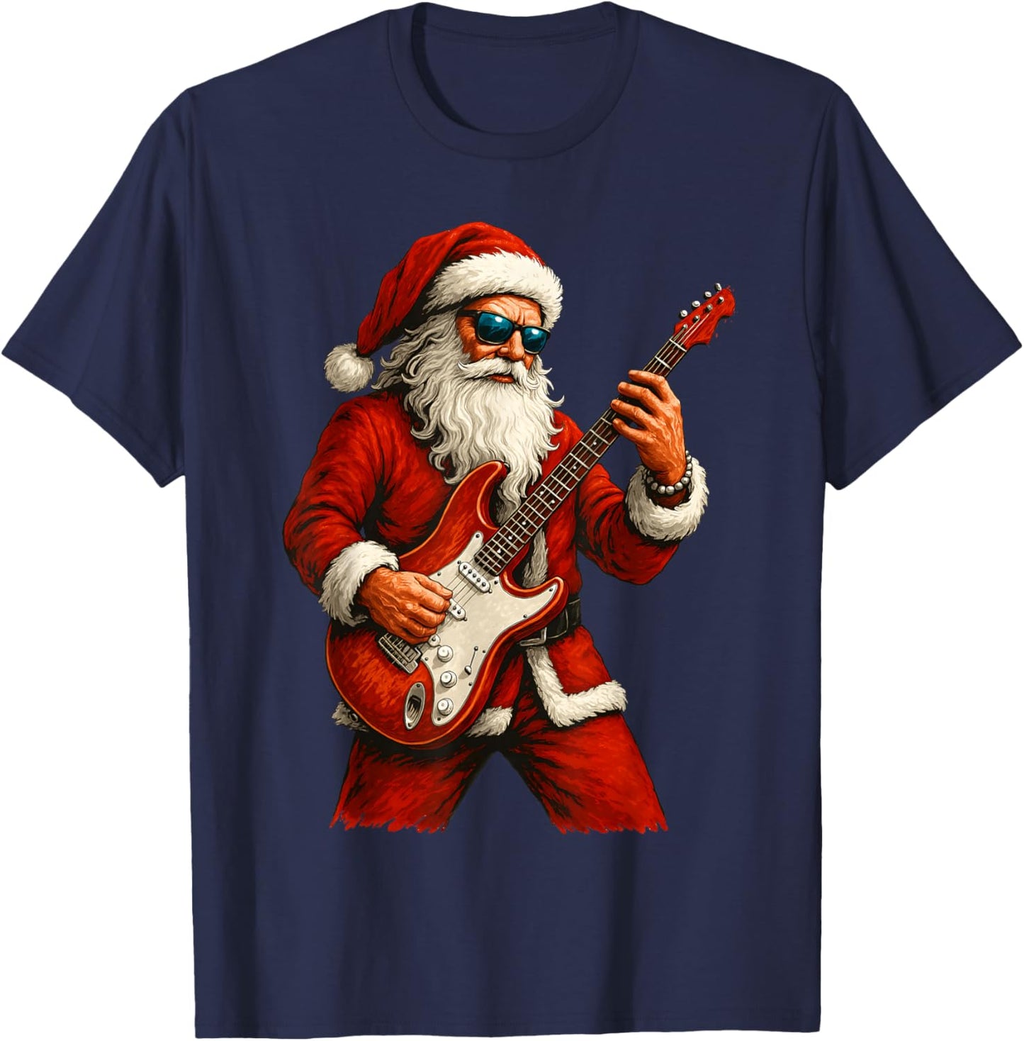 Santa Claus Playing Guitar Funny Christmas Rock Guitar T-Shirt - T-Shirt | Navy