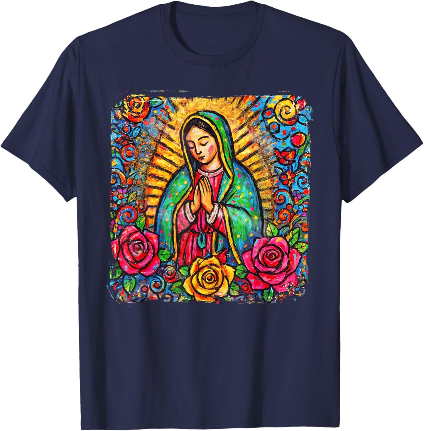 Our Lady Virgen De Guadalupe Saint Virgin Mary Pink Roses T-Shirt - T-Shirt | Navy
