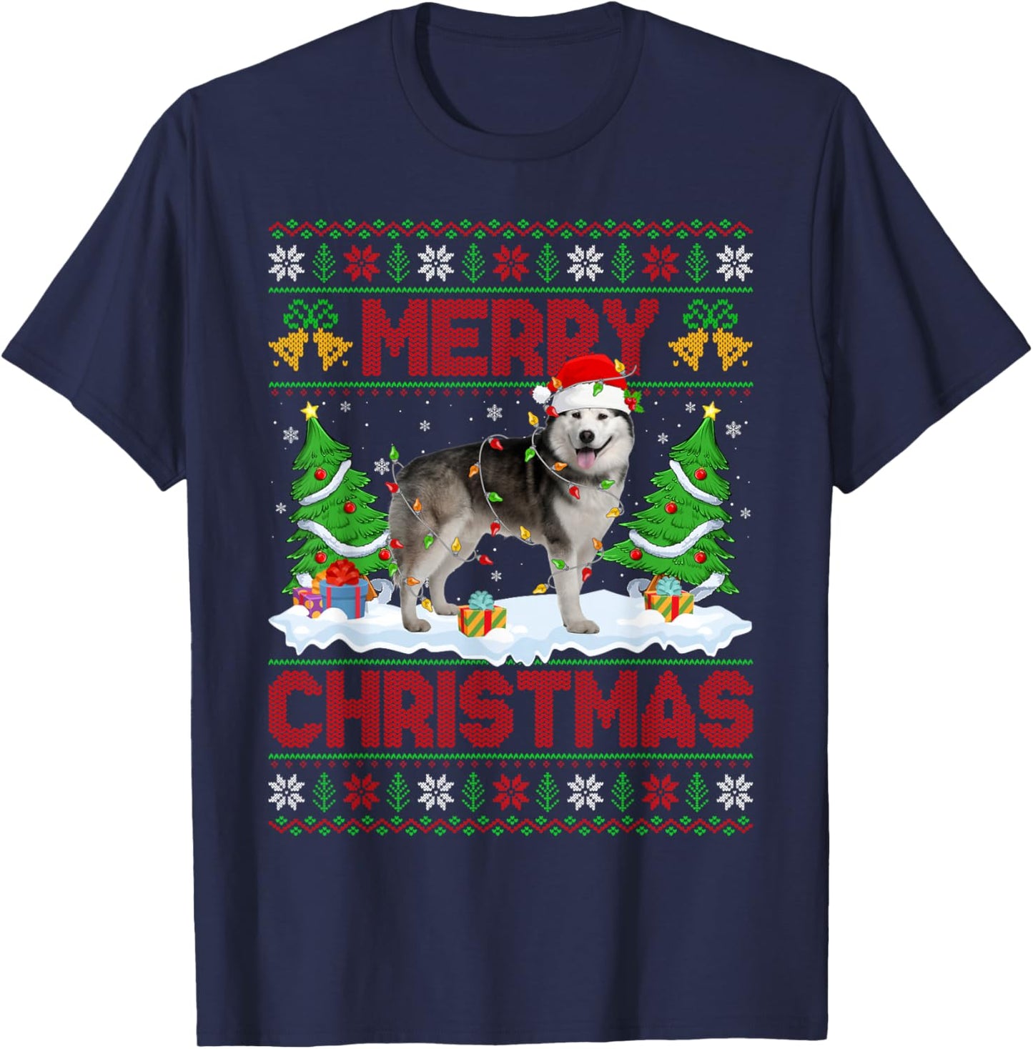 Alaskan Malamute Ugly Xmas Sweater Funny Pet Dog Christmas T-Shirt - T-Shirt | Navy
