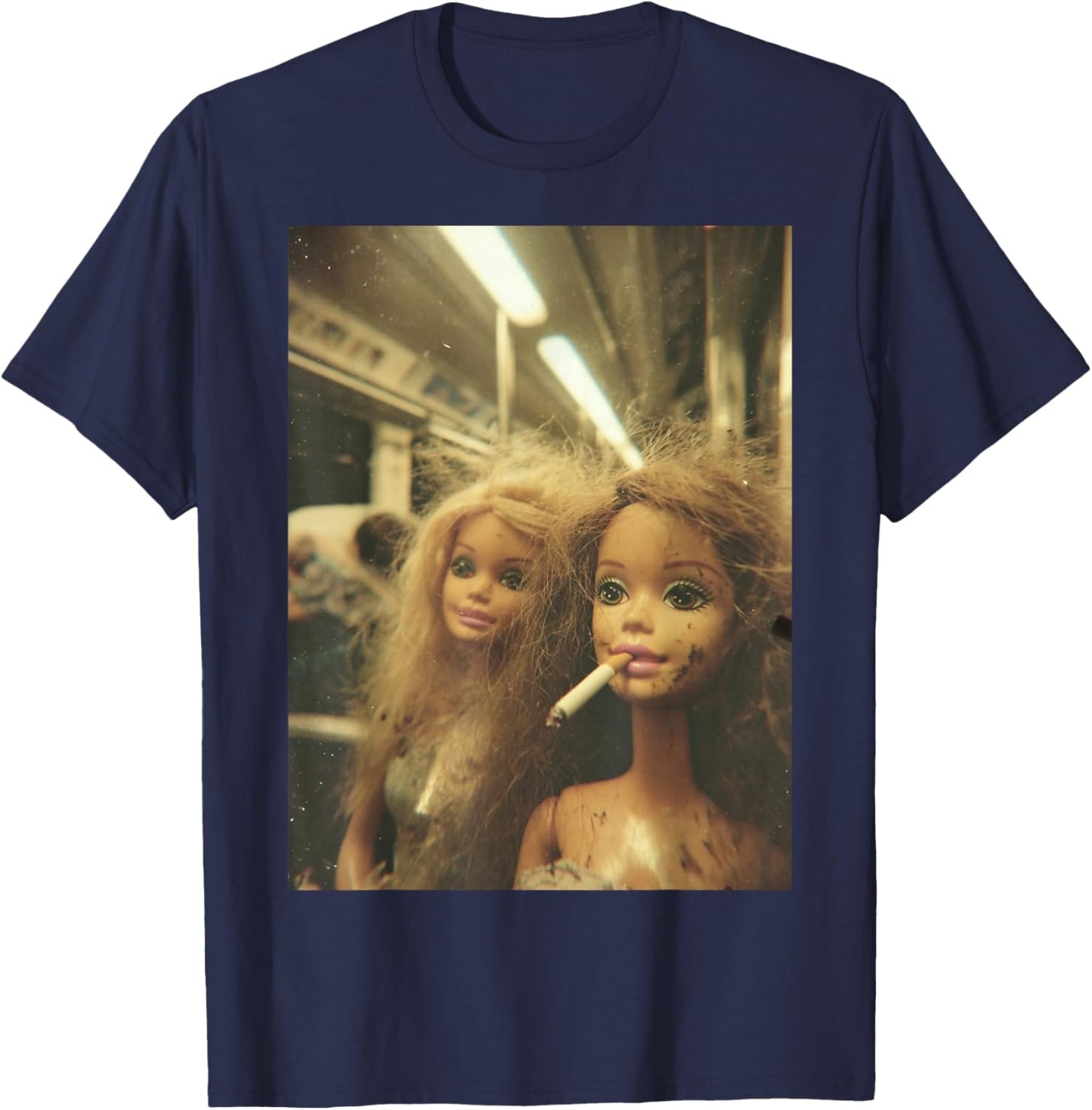 Funny Disgusting Doll face Meme Smoking Y2K Sarcastic Gift T-Shirt - T-Shirt | Navy