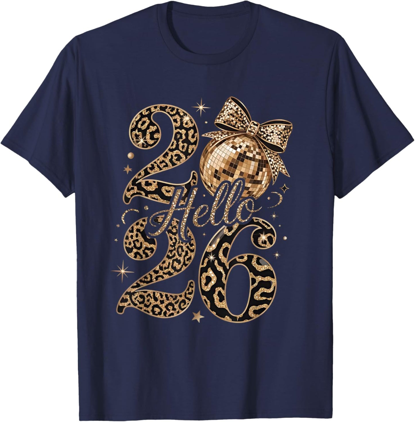 Hello 2026 Leopard Coquette Disco Ball Happy New Year T-Shirt - T-Shirt | Navy