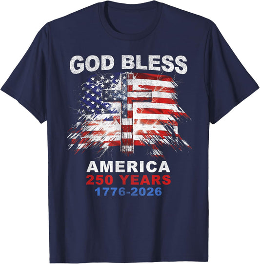 God Bless America 250 Years 1776-2026 Christian Cross Flag T-Shirt - T-Shirt | Navy