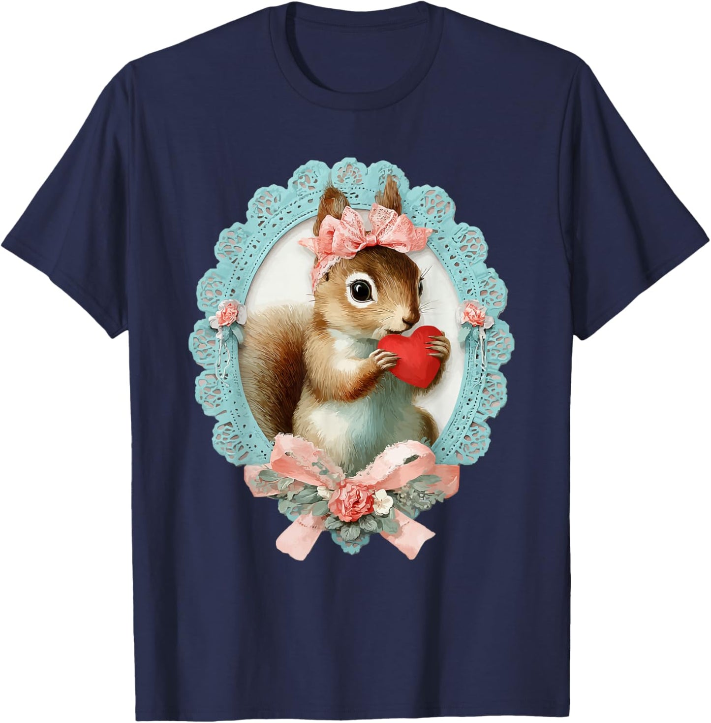 Cute Squirrel Valentine with Heart Vintage Animal Coquette T-Shirt - T-Shirt | Navy