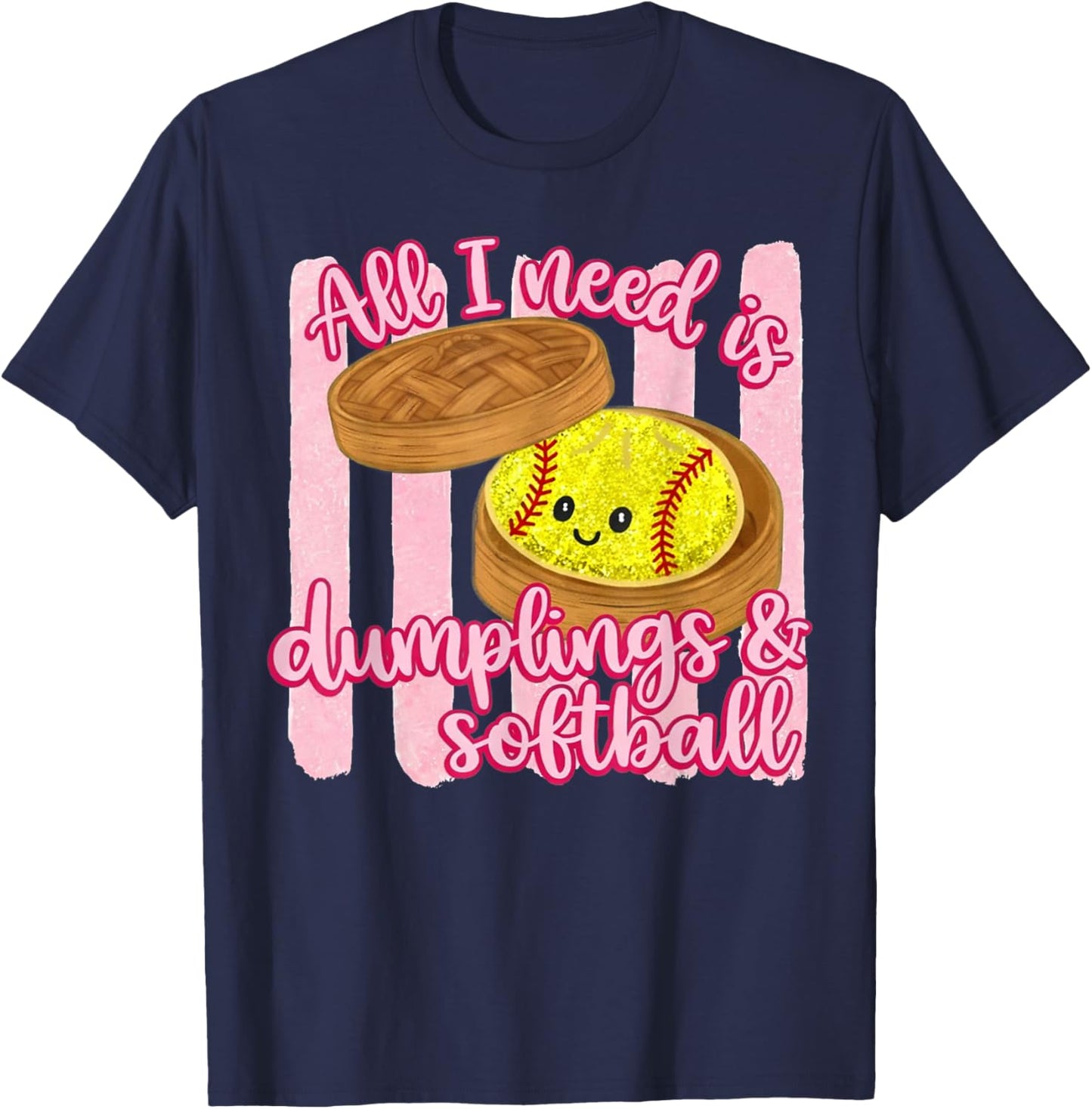 All I Need is Dumplings & Softball Retro Striped Softball T-Shirt - T-Shirt | Navy