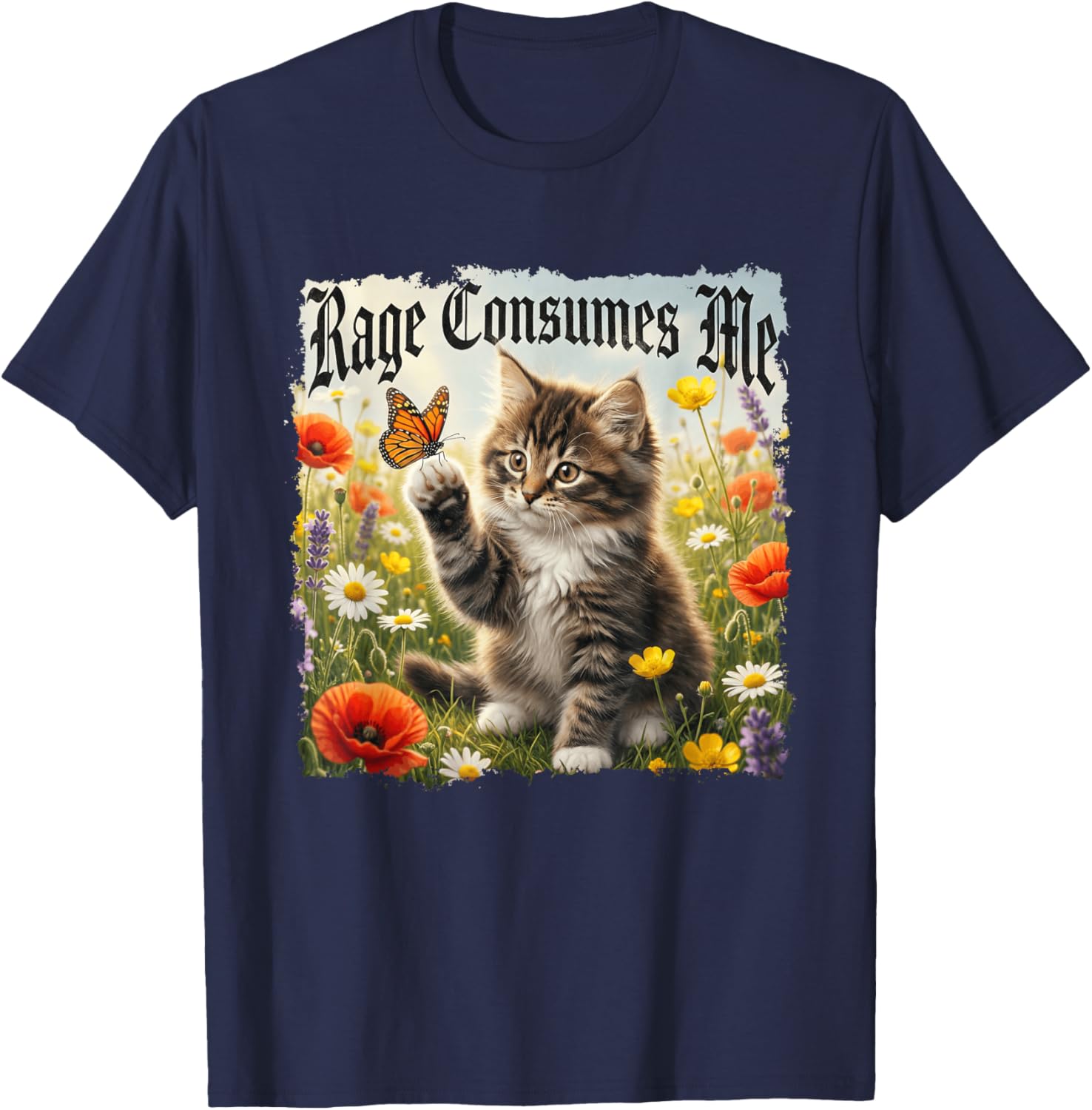 Rage Consumes Me Funny Cat Butterfly Heavy Metal T-Shirt - T-Shirt | Navy
