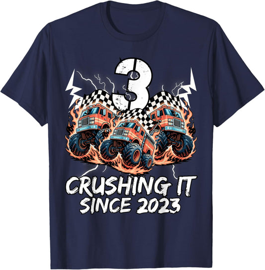 Birthday Firefighter Truck 3 Year Old Boys 3rd Born 2023 T-Shirt - T-Shirt | Navy