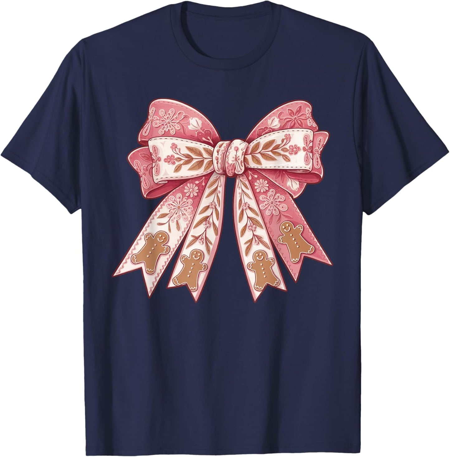 Pink Coquette Bow Christmas Gingerbread Man Girly Xmas Women T-Shirt - T-Shirt | Navy