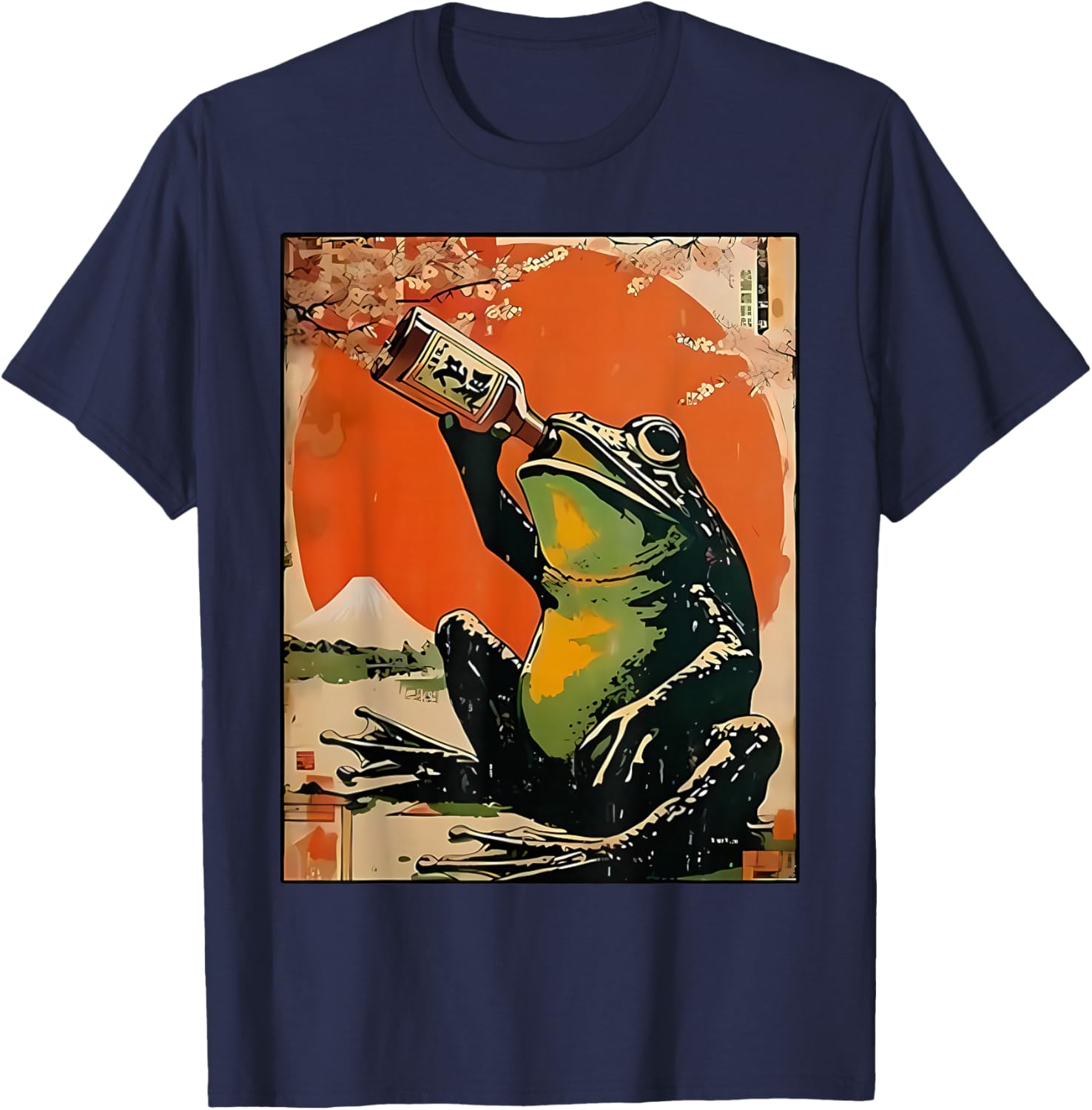Frog Drinking Beer Japanese Kawaii Anime Ukiyoe Art T-Shirt - T-Shirt | Navy