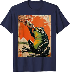 Frog Drinking Beer Japanese Kawaii Anime Ukiyoe Art T-Shirt - T-Shirt | Navy