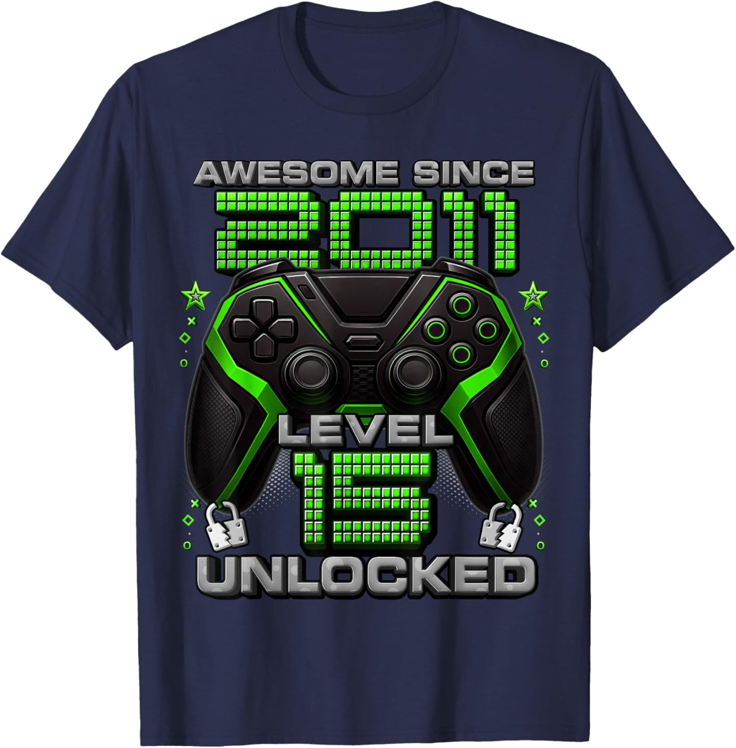 Level 15 Unlocked Awesome Since 2011 15th Birthday Gaming T-Shirt - T-Shirt | Navy