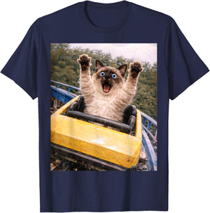 Funny Cat Roller Coaster Silly Meme Graphic Siamese Cat T-Shirt - T-Shirt | Navy