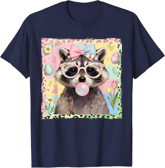 Funny Easter Bunny Raccoon Egg Hunter Lover Bubblegum Girly T-Shirt - T-Shirt | Navy