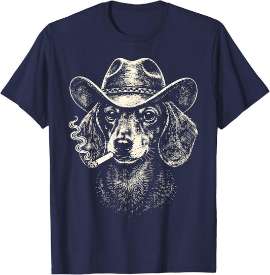 Vintage Western Cowboy Dachshund Smoking Cigarette Dog Meme T-Shirt - T-Shirt | Navy