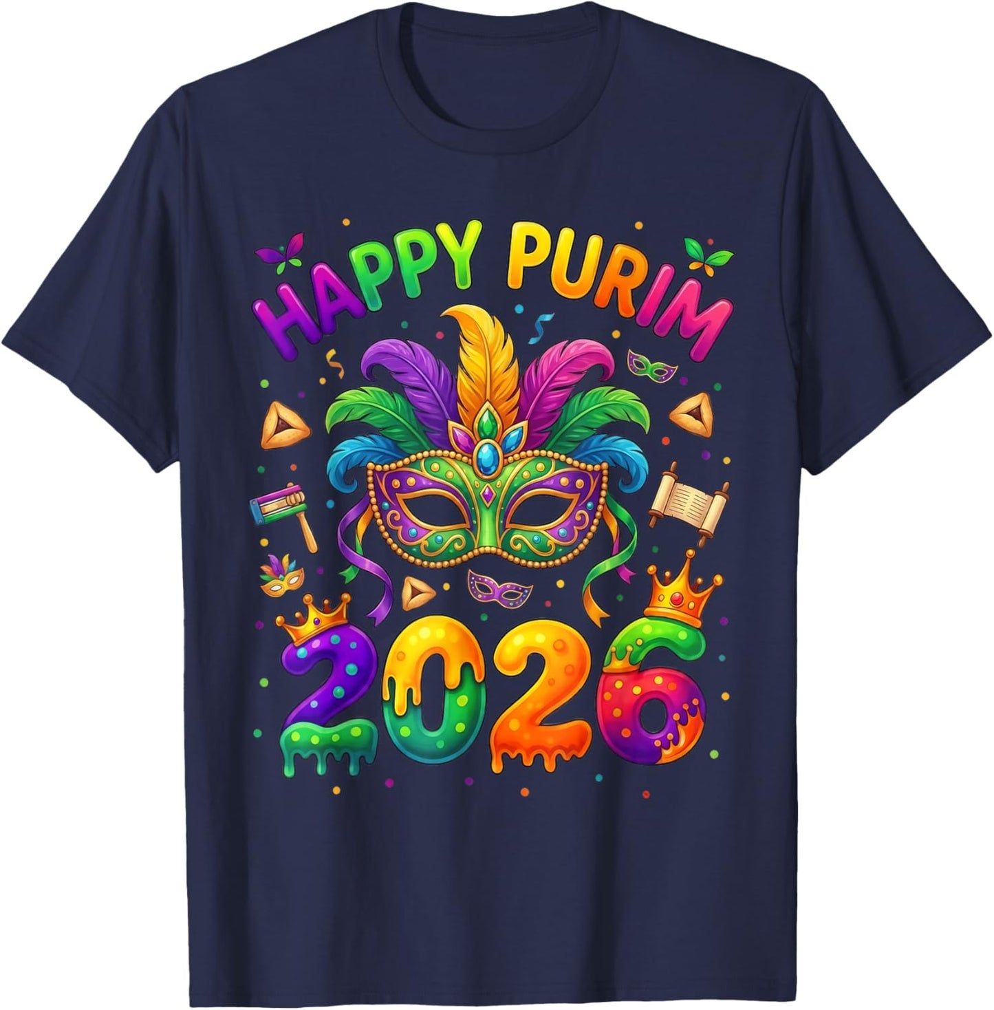 Happy Purim 2026 Colorful Jewish Festival Mask Balloon T-Shirt - T-Shirt | Navy