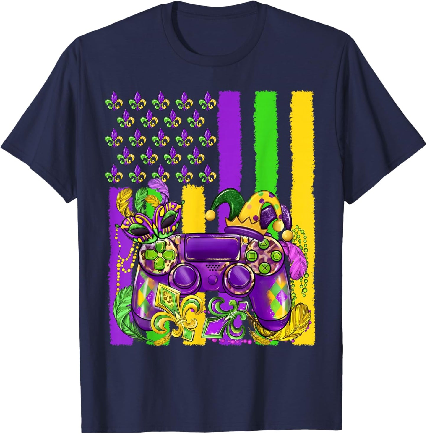 Mardi Gras Video Game Flag Fleur De Lis Jester Boy Girl Kid T-Shirt - T-Shirt | Navy