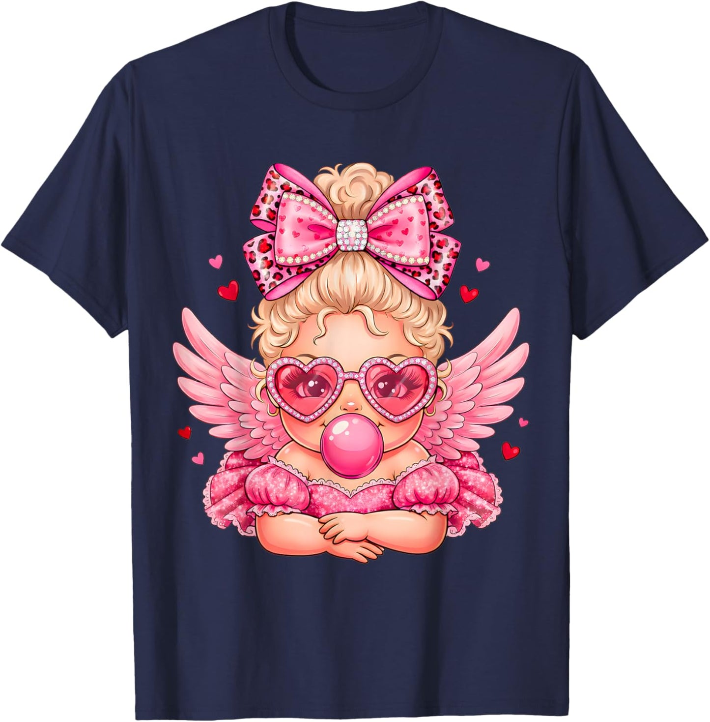 Leopard Bow Cupid Valentine Day Cute Cupid Blowing Bubble T-Shirt - T-Shirt | Navy