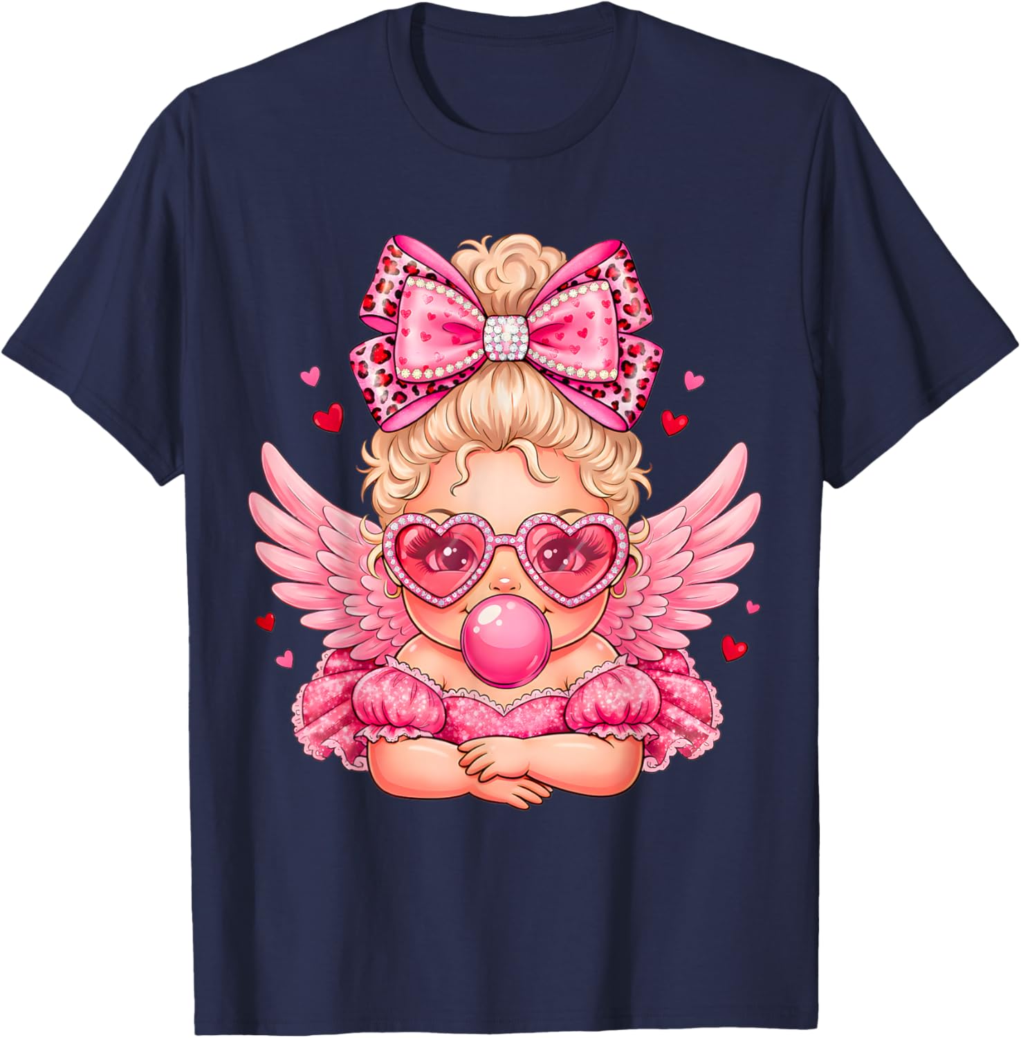 Leopard Bow Cupid Valentine Day Cute Cupid Blowing Bubble T-Shirt - T-Shirt | Navy
