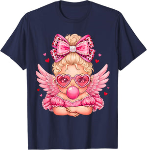 Leopard Bow Cupid Valentine Day Cute Cupid Blowing Bubble T-Shirt - T-Shirt | Navy