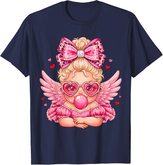 Leopard Bow Cupid Valentine Day Cute Cupid Blowing Bubble T-Shirt - T-Shirt | Navy