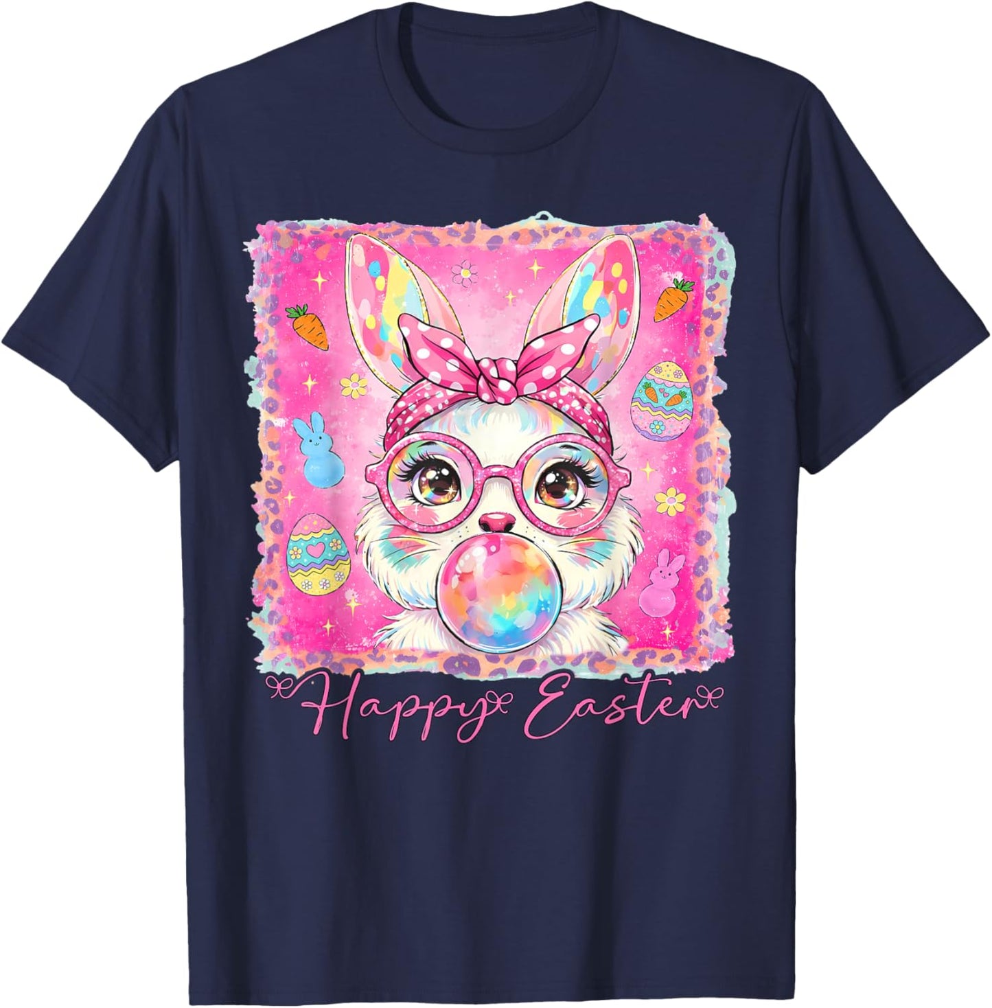 Happy Easter Cute Rabbit Bunny Face Blowing Bubble Gum Girls T-Shirt - T-Shirt | Navy