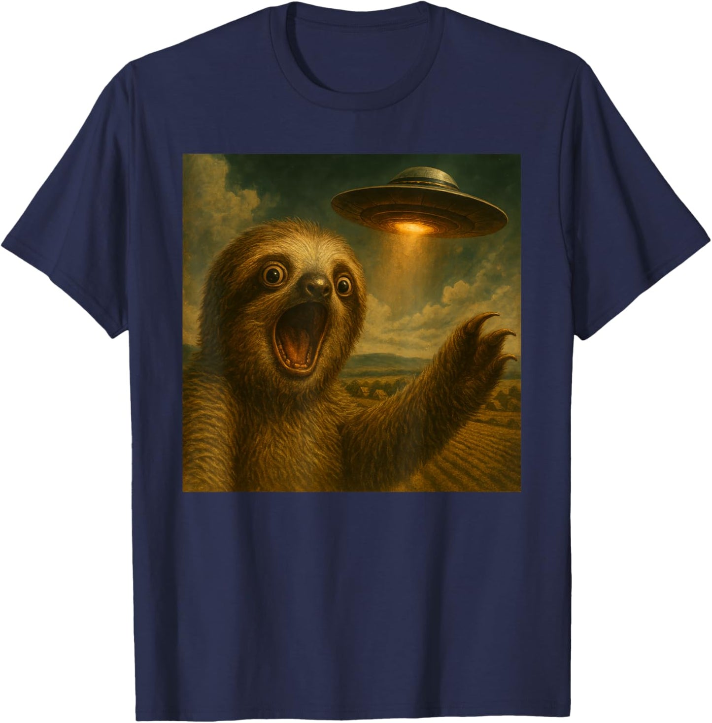 Sloth Selfie with Alien UFO Funny Sloth T-Shirt - T-Shirt | Navy