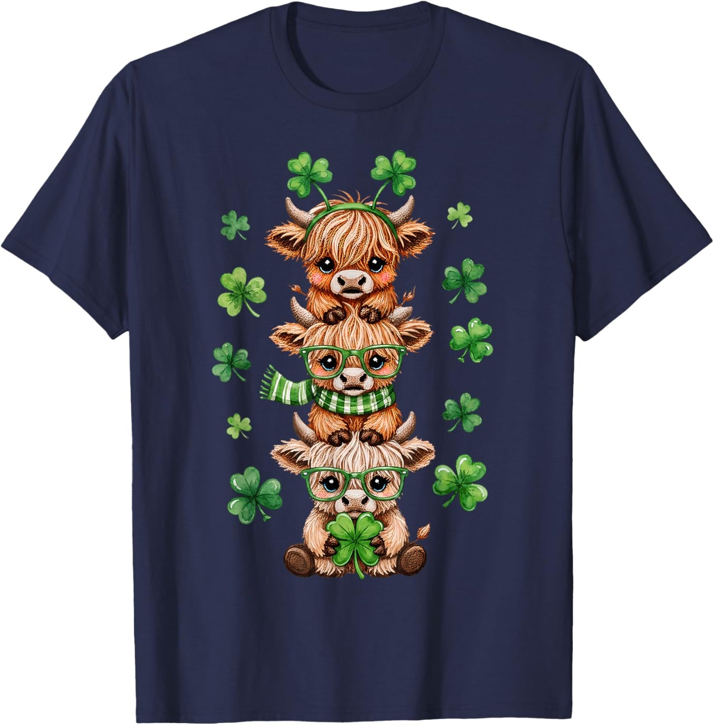 Cute Highland Cow Lucky Shamrock St Patrick's Day Party T-Shirt - T-Shirt | Navy