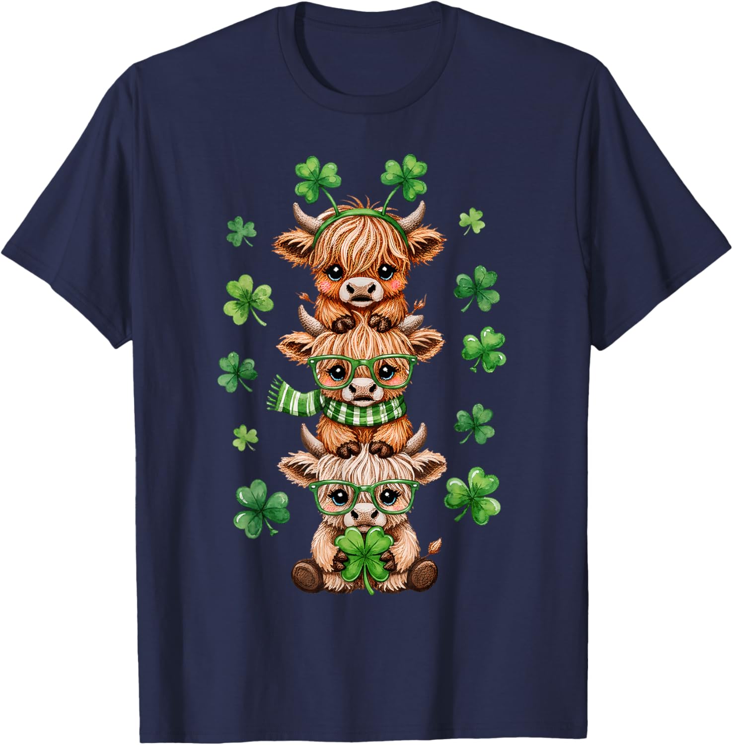 Cute Highland Cow Lucky Shamrock St Patrick's Day Party T-Shirt - T-Shirt | Navy