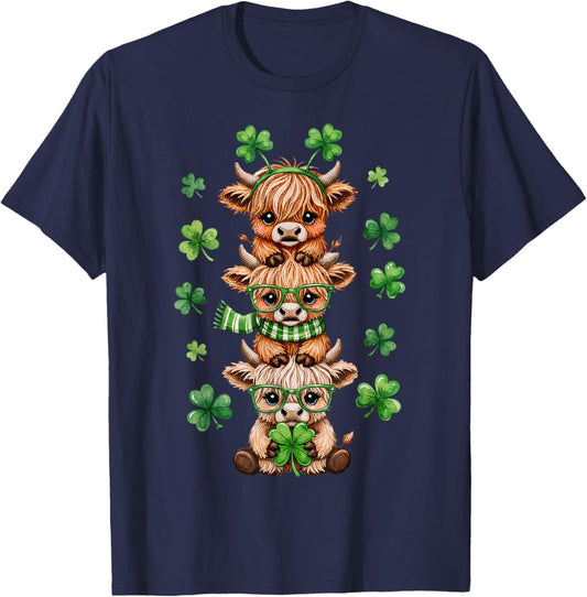 Cute Highland Cow Lucky Shamrock St Patrick's Day Party T-Shirt - T-Shirt | Navy
