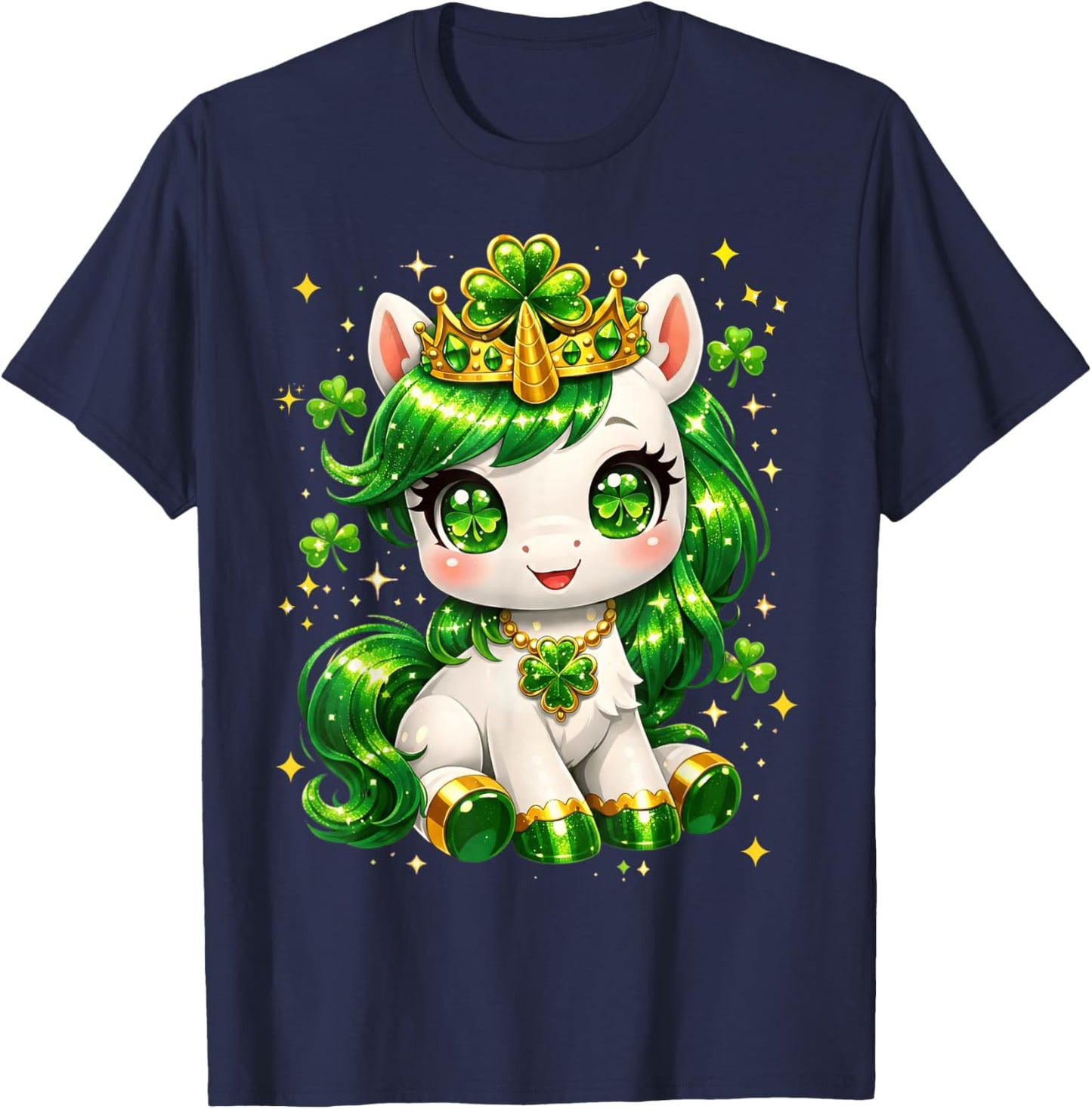 Shamrock Unicorn Saint Patricks Day Lucky Cute Kawaii Green T-Shirt - T-Shirt | Navy