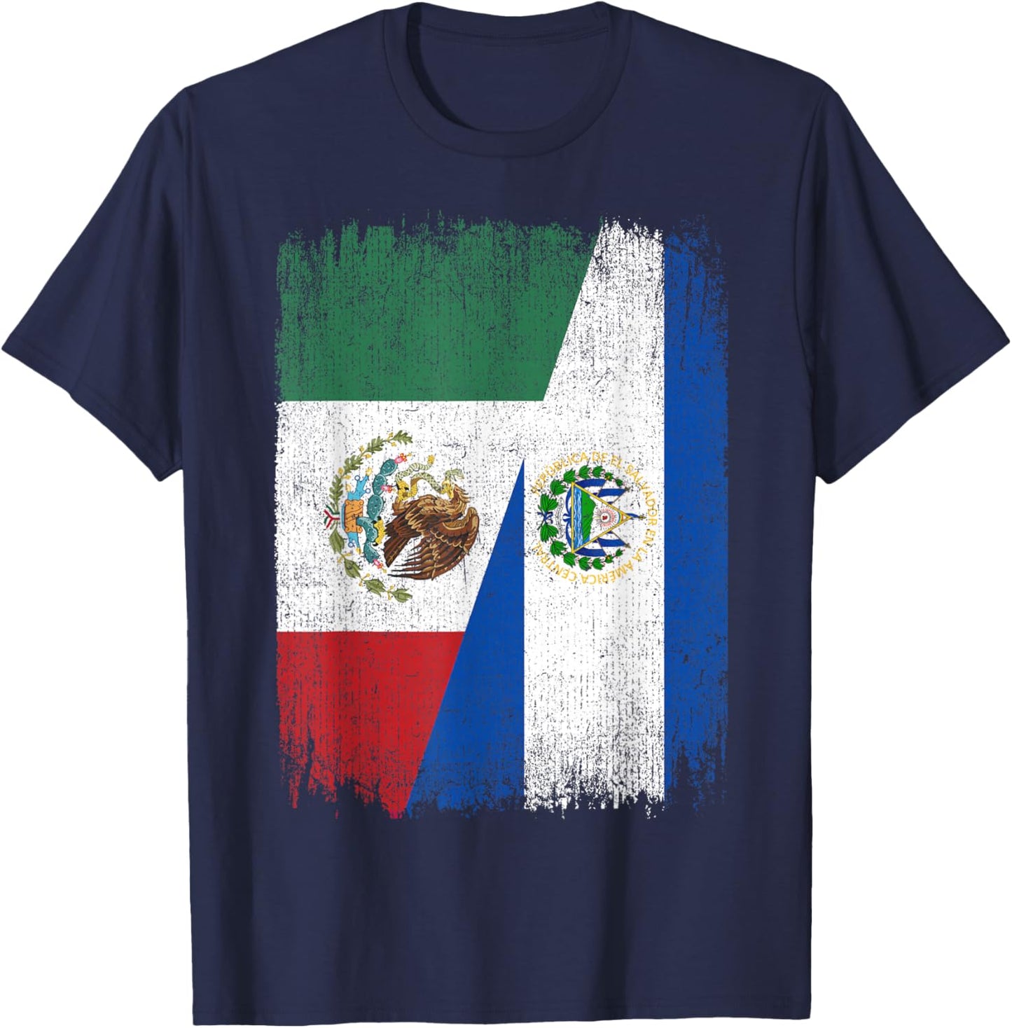 Half Mexico El Salvador Flag Mexican Salvadoran Roots T-Shirt - T-Shirt | Navy