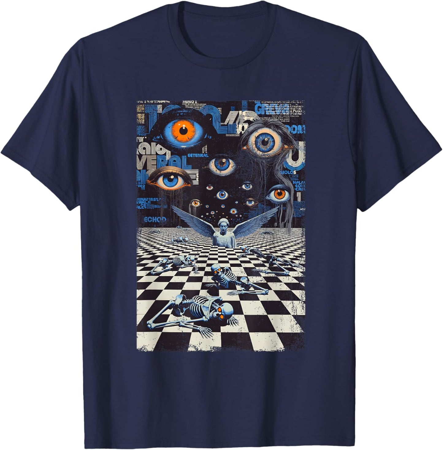 Weirdcore Eyes Skeleton Glitch Art Surreal Checkered Floor T-Shirt - T-Shirt | Navy