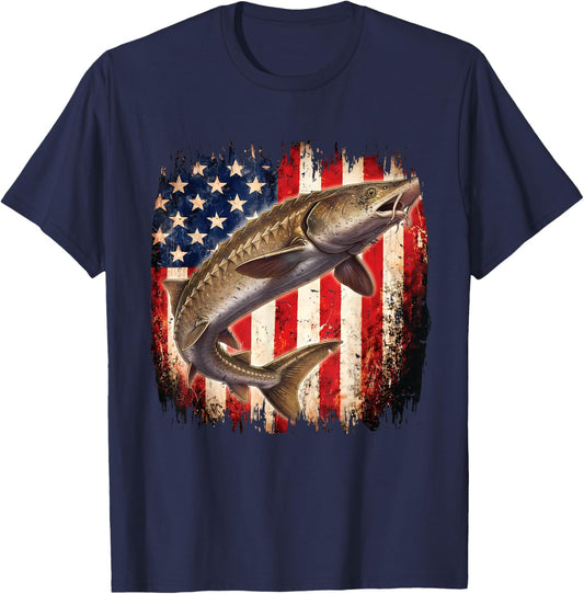 American Flag Sturgeon Fish Fishing Vintage Fisherman T-Shirt - T-Shirt | Navy