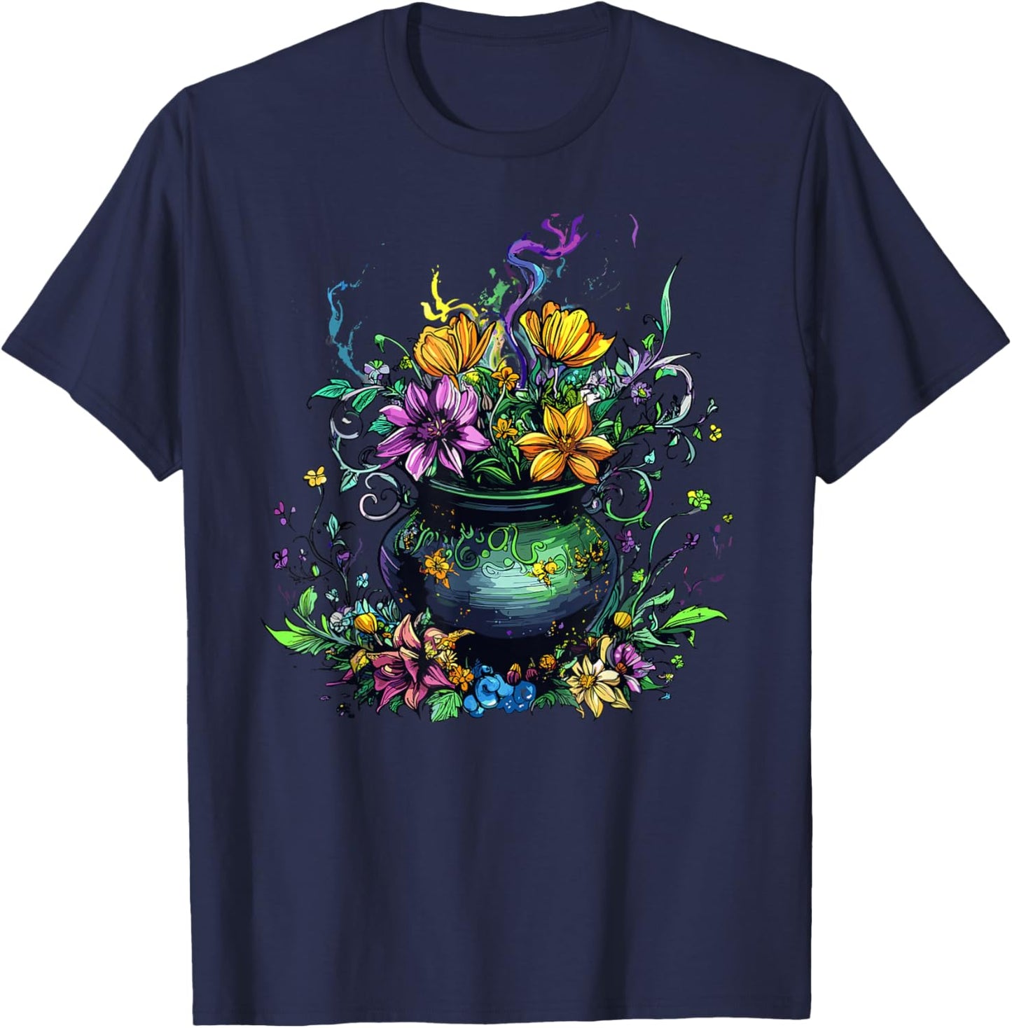 Enchanted Cauldron with Wildflowers and Potion T-Shirt - T-Shirt | Navy