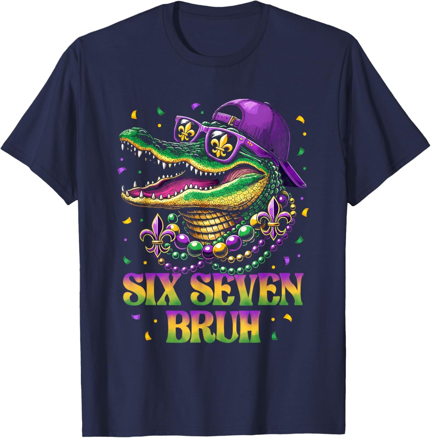 Mardi Gras Six Seven Bruh Mardigator Alligator 6 7 Meme Boys T-Shirt - T-Shirt | Navy
