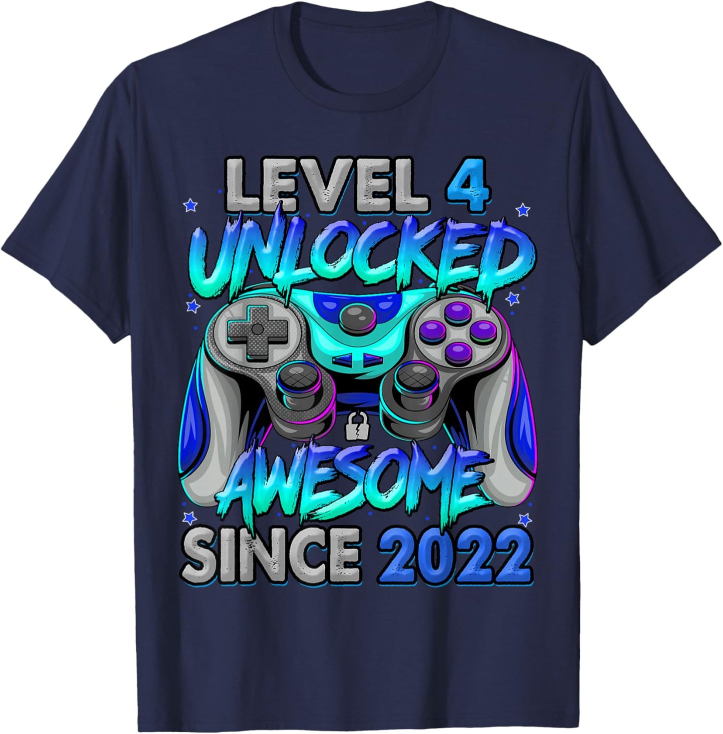 Level 4 Unlocked Awesome Since 2022 4th Birthday Gaming T-Shirt - T-Shirt | Navy