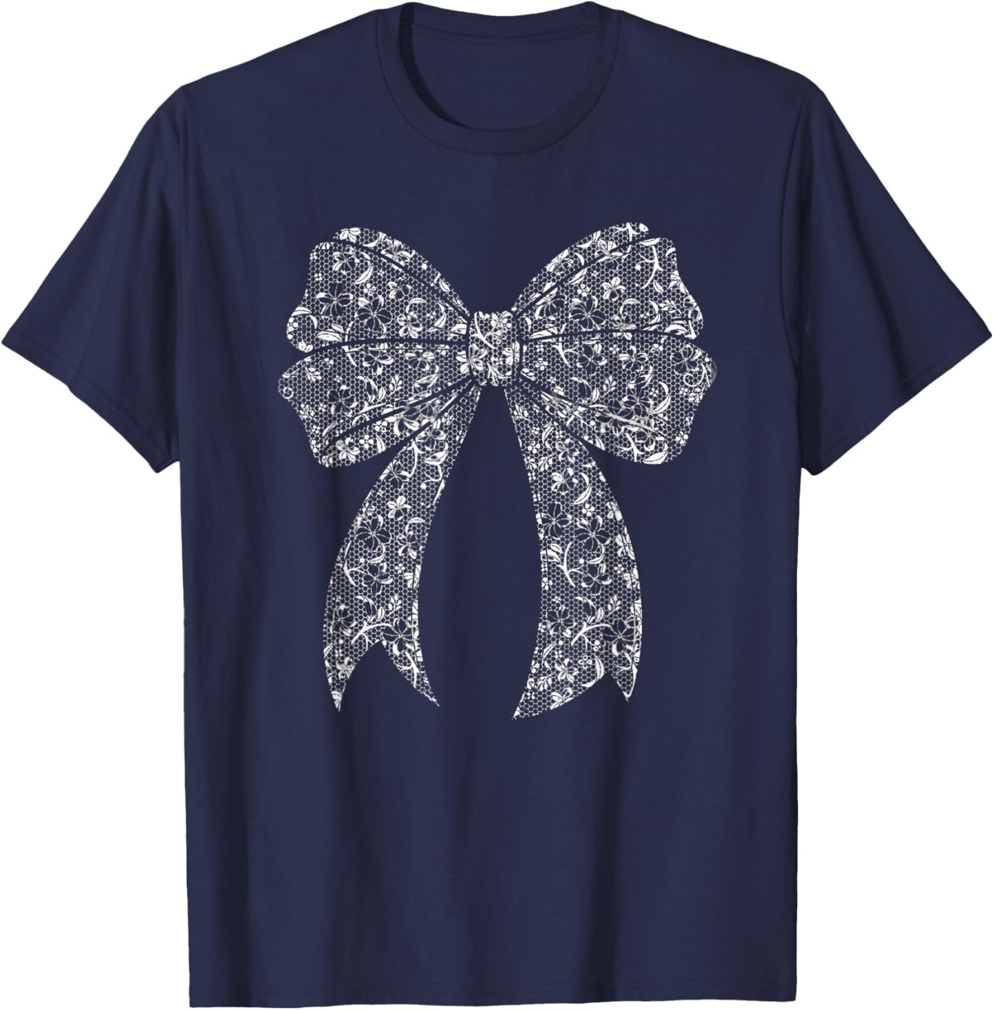 White Lace Bow Vintage Floral Coquette Aesthetic T-Shirt - T-Shirt | Navy