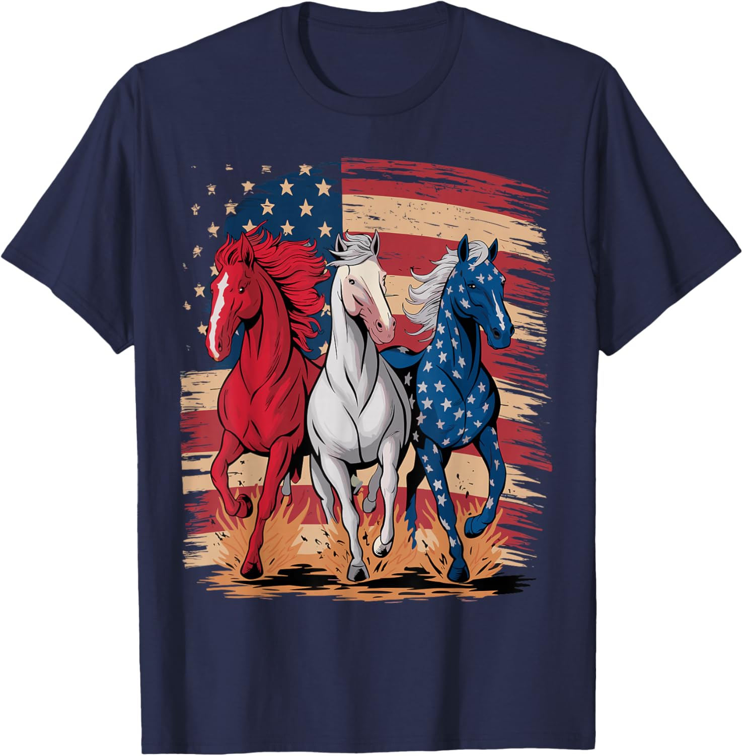 Horse Patriotic USA Flag 4th of July Horses T-Shirt - T-Shirt | Navy