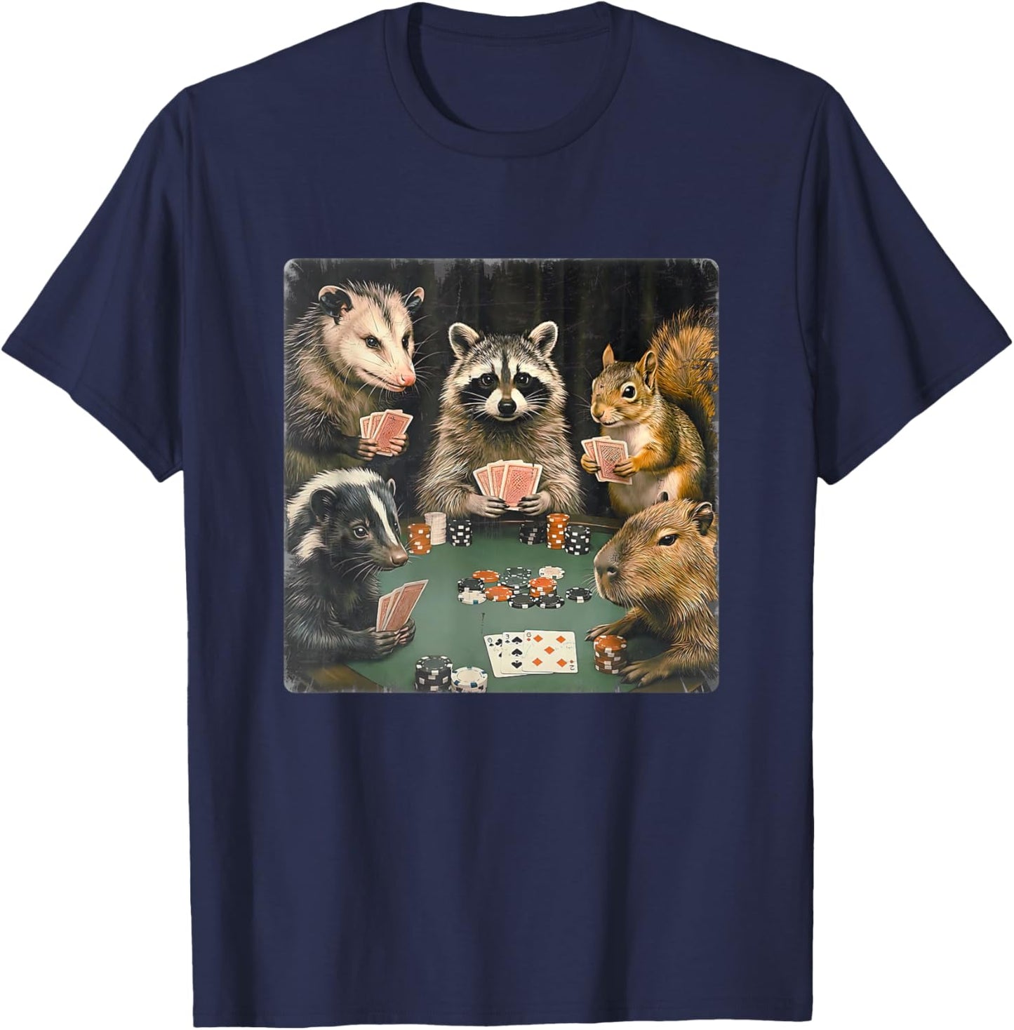 Forest Animals Playing Poker Card Gambling Matching Game Day T-Shirt - T-Shirt | Navy