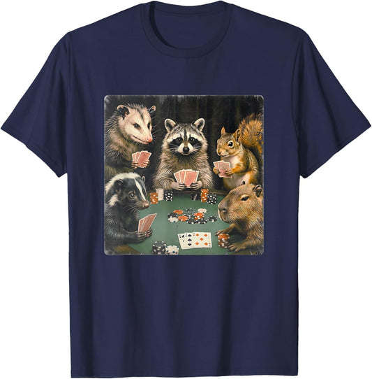Forest Animals Playing Poker Card Gambling Matching Game Day T-Shirt - T-Shirt | Navy