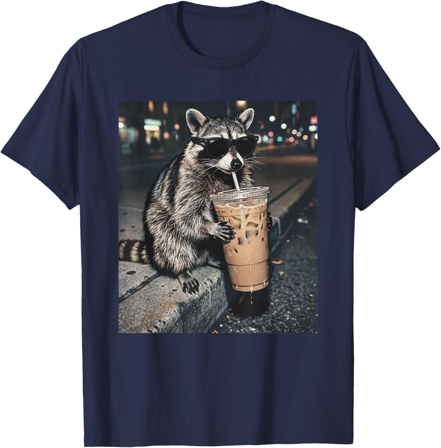 Funny Raccoon Drinking Iced Coffee Meme T-Shirt - T-Shirt | Navy