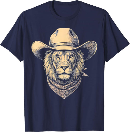 Vintage Lion Cowboy Hat Bandana Retro Western T-Shirt - T-Shirt | Navy