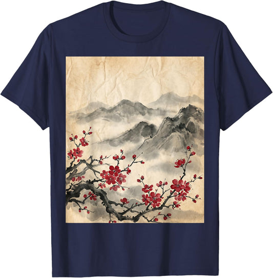 Japanese Art Red Cherry Blossom Mountains T-Shirt - T-Shirt | Navy
