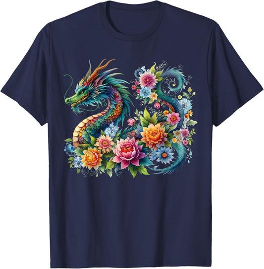 Watercolor Dragon Flowers Beautiful Art Colorful Graphic T-Shirt - T-Shirt | Navy