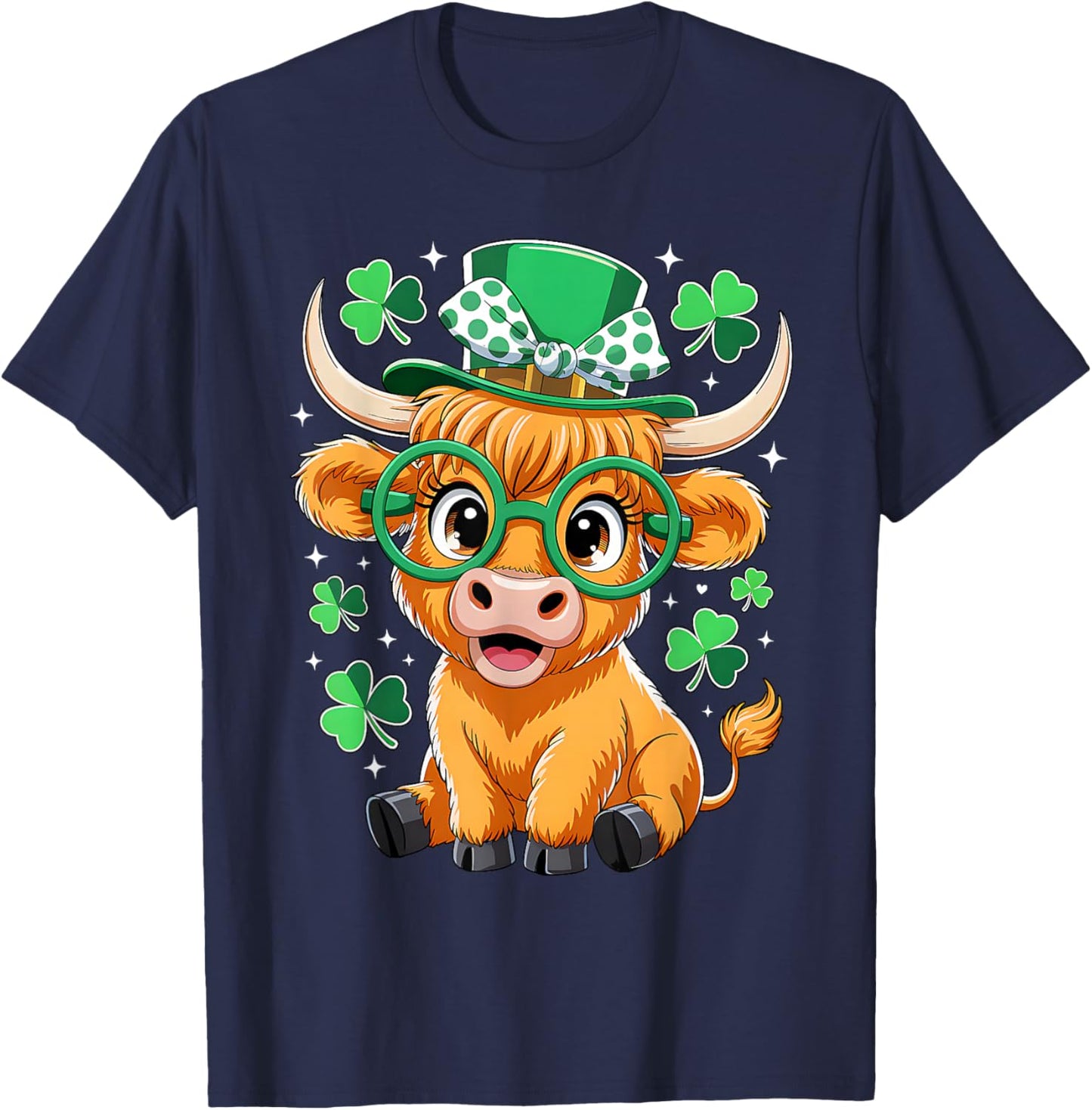 Highland Cow St Patrick Day Funny Shamrock Irish Cow Lover T-Shirt - T-Shirt | Navy