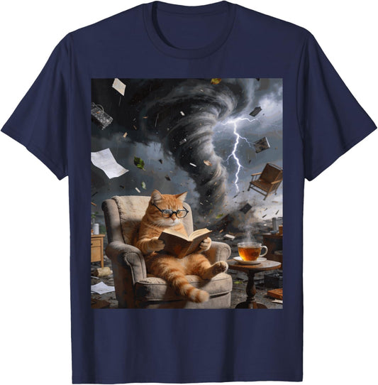 Bookworm Cat Reading Tornado Chaos Glasses Coffee Funny T-Shirt - T-Shirt | Navy