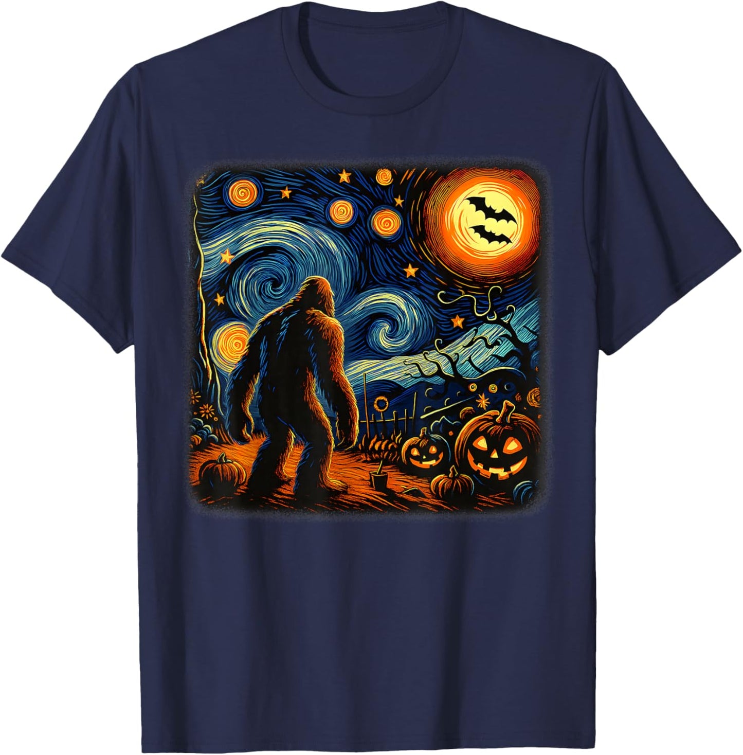 Halloween Bigfoot Starry Night Van Gogh Sasquatch Pumpkin T-Shirt - T-Shirt | Navy
